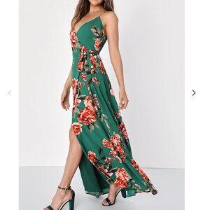 Floral Flirtation Dark Green Floral Print Wrap Maxi Dress